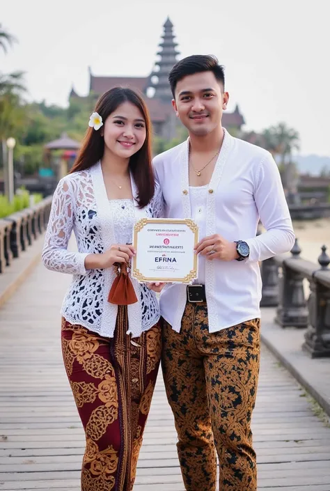 (masterpiece, best quality:1.2), 1girl,1 man, flower, kebaya_Bali, white_kebaya_bali, stands on bridge, man wearing a white shirt,smiling, Bali temple background, beach, holding sign with text "Congratulations 3K Member EBFNA"
