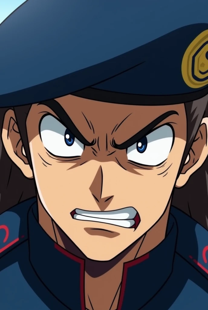  Military beret blue style 
Aggressive front view  ,anime ,  Angry , Fond simple,  From Bottom To Top , Military Cap , 