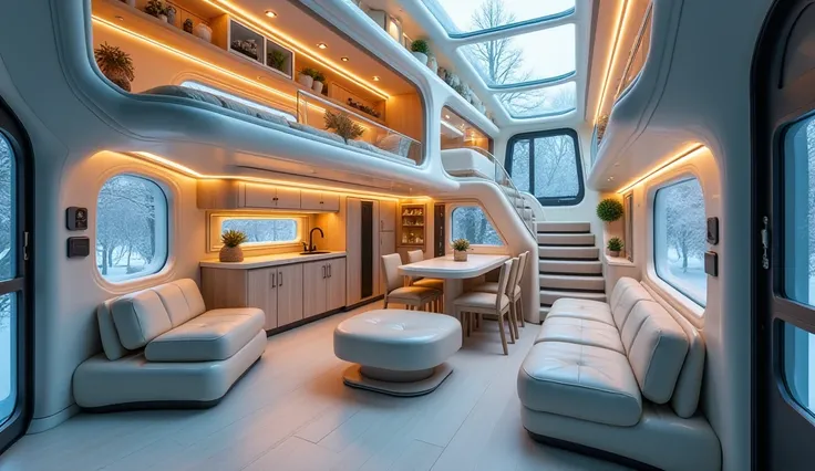 A detailed view of the interior of a futuristic multi-level motorhome, featuring modern furniture, LED ambient lighting, a luxurious living area, a compact kitchen, and a staircase leading to the upper level. The space is bright and inviting, blending cutt...