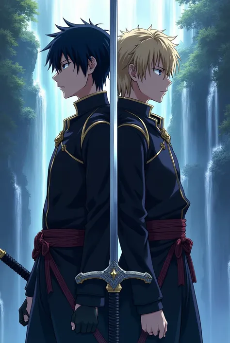 Create a split photo of Kirito and eugeo from sord art online 