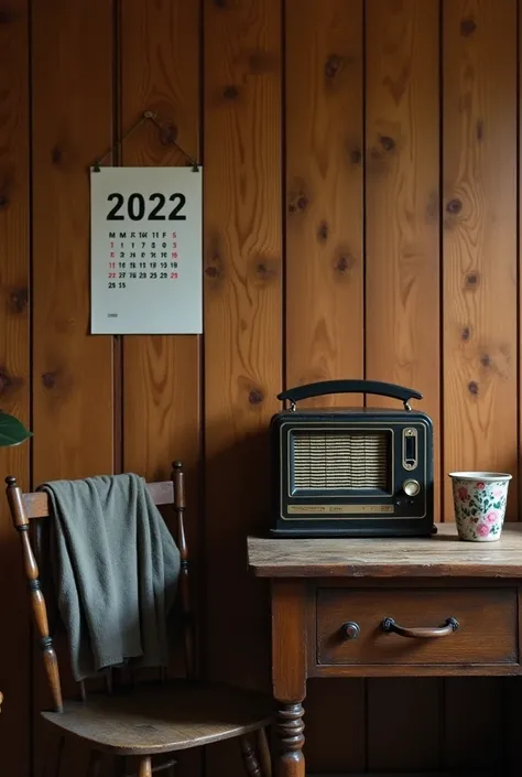 Photo of the room there is a wooden table on top of it there is an old fashioned radio next to it there is a floral patterned iron cup there is also a rickety wooden chair there is a dull shirt located on the back of the chair in the wooden wall there is a...