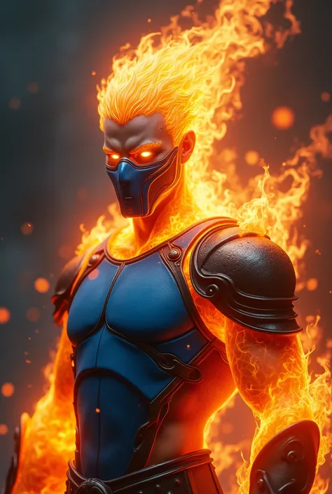 Male figure of Fire Fire with a mask covering only his mouth and nose and a blue breastplate and an orange cap on the back