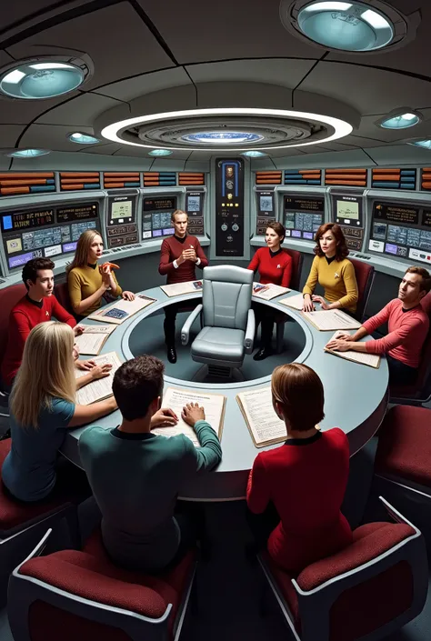 the inside of the command bridge of the enterprise spaceship with the original crew of the startrek series: Grace Lee Whitney Majel Barrett Marianna Hill Sabrina Scharf Joan Collins Sandra Smith Arlene Martel Emily Banks Teri Garr Elizabeth Rogers Jeanne B...