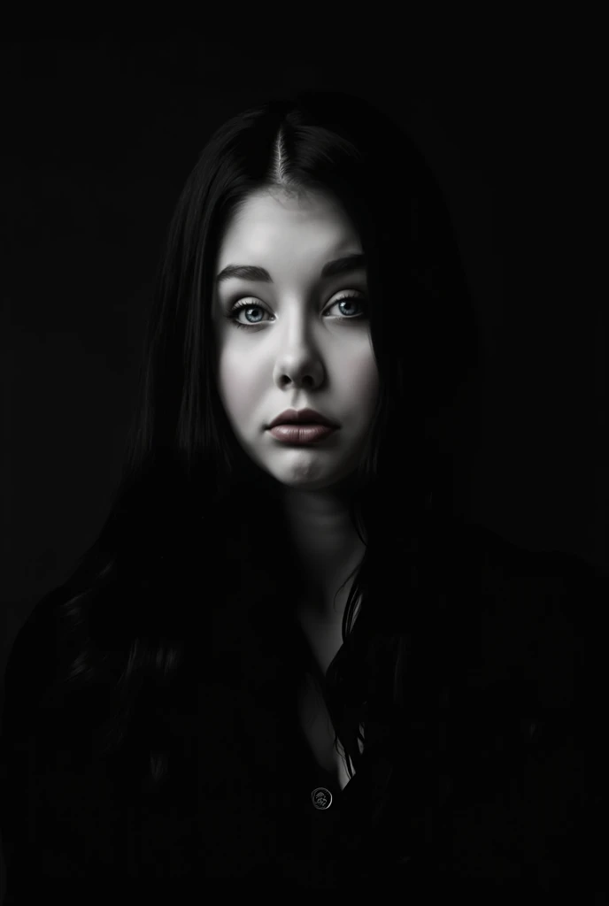 photo shoot in black and white style,girl with long black hair and green eyes 