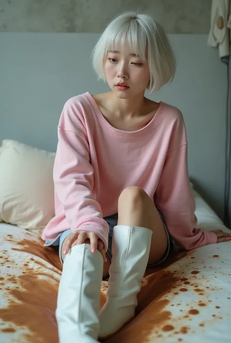  angle from butt,whole body, sit on the bed,A 21-year-old Japanese woman excretes large amounts of feces by pointing her butt at the camera, Brown liquid scattered on the bed ,(Fecal Stained Shorts and Bed ), japanese,Korean style beauty,Transparency, pure...