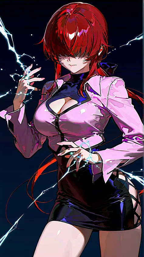 (shermie97, large breasts, red hair female, hair over eyes, long hair, clothing cutout, cleavage cutout, skirt, miniskirt, cropped jacket) ,Controlling electricity , hands with 5 fingers
