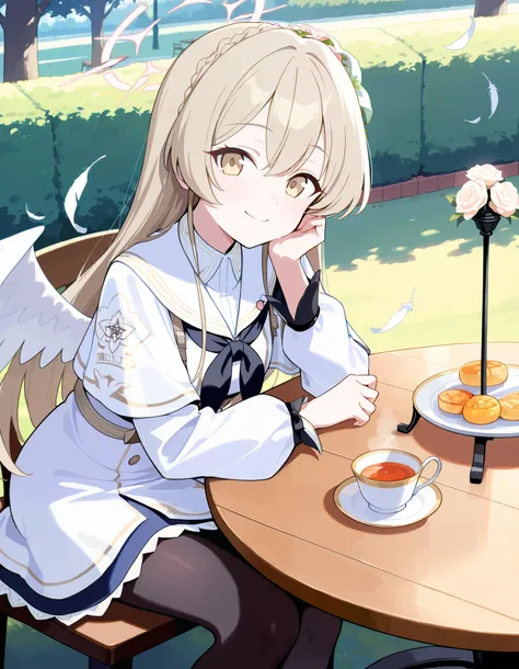 Masterpiece, hd, best quality, kirifuji nagisa, nagisa (blue archive), blue archive, smile, light brown eyes, sailor collar, white dress, long sleeves, neckerchief, black pantyhose, capelet, halo,shiny halo, long hair, light brown hair, flower hair ornamen...