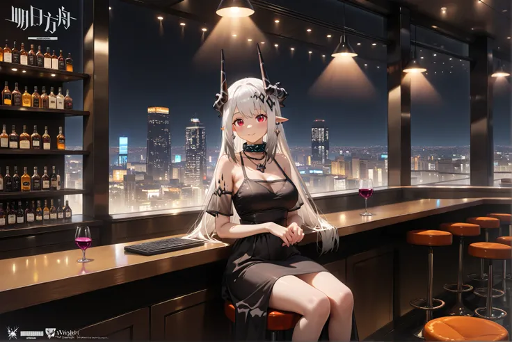 female,(alone),((alone))(((Mudrock))),( Arknights),Mudrock_\( Arknights\), Mudrock_\( Arknights\)。
 pointy ears。(( white-haired longhair ))。(( red eyes))。Black Horn。 black dress 。
smile,,Photorealistic Background,Bar counter, is sitting, best quality, amaz...