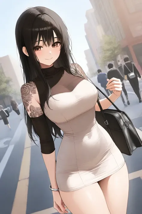  Beautiful Girl,  Long Black Hair ,  beautiful brown eyes to shut up, on the street,  tight short dress with straps beige, black bag silver bracelet, pechos grandes,  thin waist ,  big thighs, Smile superiority, black arm tattoos  