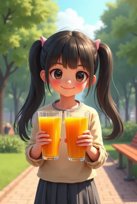 baby girl with dark eyes and dark long hair tied in two ponytails the same girl with orange juice in hands at city park