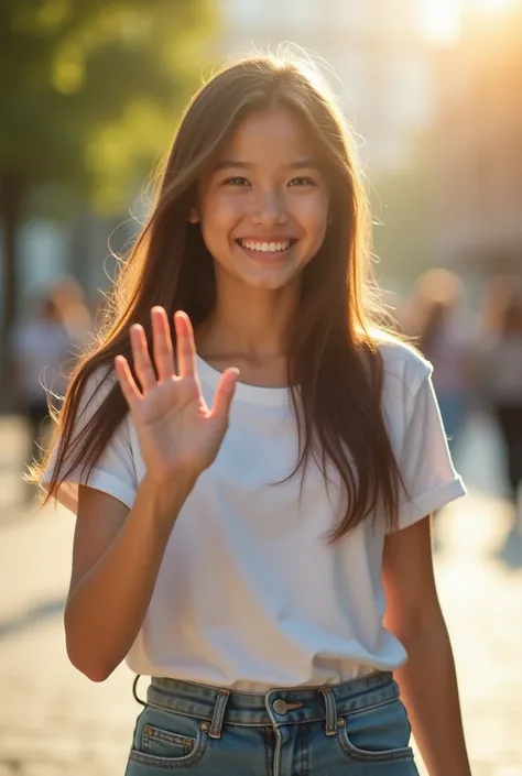  Take a half with a blurred background ,  perfect lighting , camera following ,  a girl smiling and walking quickly to the camera,  raising your hand to greet the target .