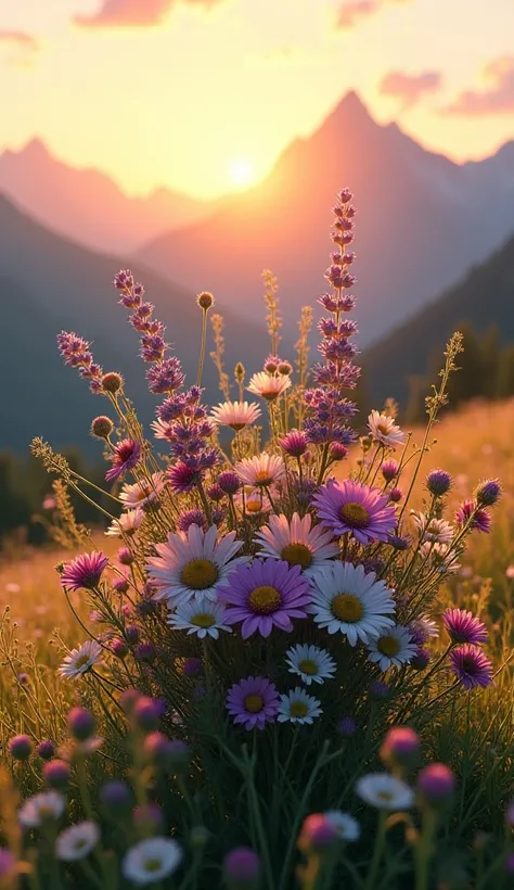 "A wildflower bouquet featuring lavender, daisies, and thistles held in a meadow with a mountain range in the distance during sunrise."