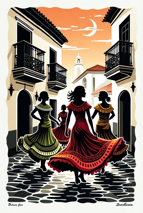 linocut template (=Surface print with black color on white paper)  about Andalusia. Detailed . 