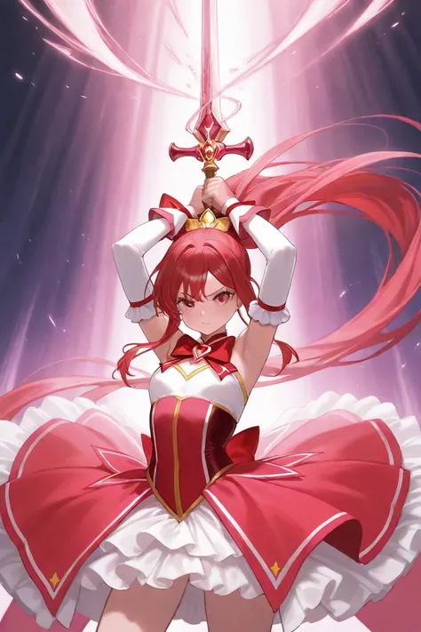 One girl, 18years old, long ponytail, {{red hair}}
Clothing, {{{{red magical girl costume}}}}, Hair accessories, Possess a sword filled with magical powers, Fantasy World Town