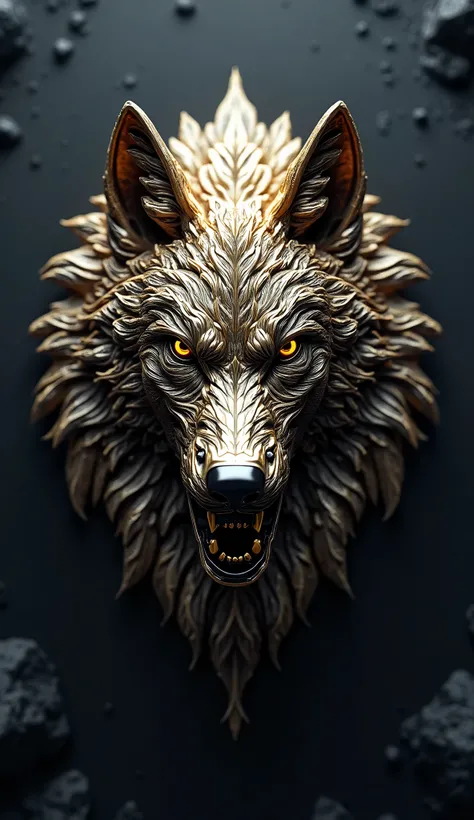 Create a 3D evil wolf logo, Metal, gold, titanium, diamonds, family coat of arms