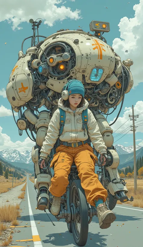  Surrealism  ,  artwork, 8K quality, riding a military motorcycle that can be transformed into a robot、 carries a huge backpack about her height、Carrying on an abandoned highway 、 high school girl wearing an off-white and light blue down jacket and loose o...