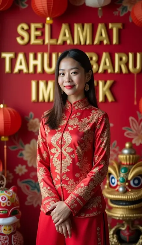 photography of a woman standing in front of a banner that says "SELAMAT TAHUN BARU IMLEK", and below says "MAMA VILLO". He wore traditional Chinese red clothes with intricate designs. surrounded by decorative elements such as lanterns, Barongsai. HD, high ...