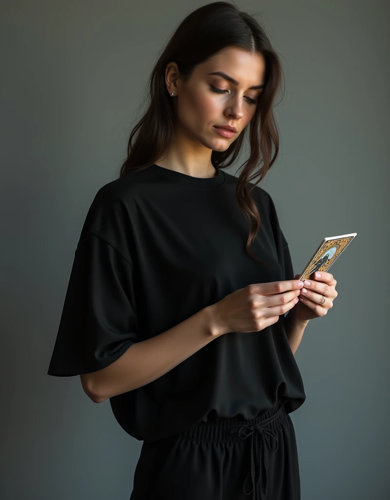 Beautiful Russian girl in a black oversized t-shirt, in trousers, holds tarot cards in one hand, on a gray background, guesses