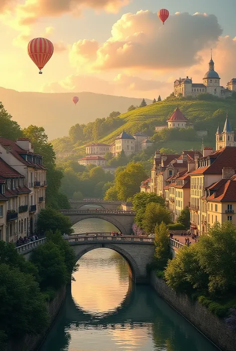 Let's add a touch of natural beauty to the backdrop:

Beyond the charming Parisian neighborhood, the horizon reveals a serene, glistening river, reflecting the warm hues of the setting sun. Elegant bridges arch gracefully over the water, their reflections ...