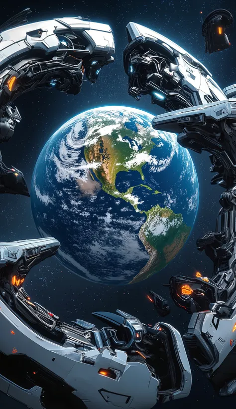 an image of the futuristic planet Earth, surrounded by a cyborg-style dome, several futuristic spaceships entering and leaving it, view from space, realism, realistic texture,