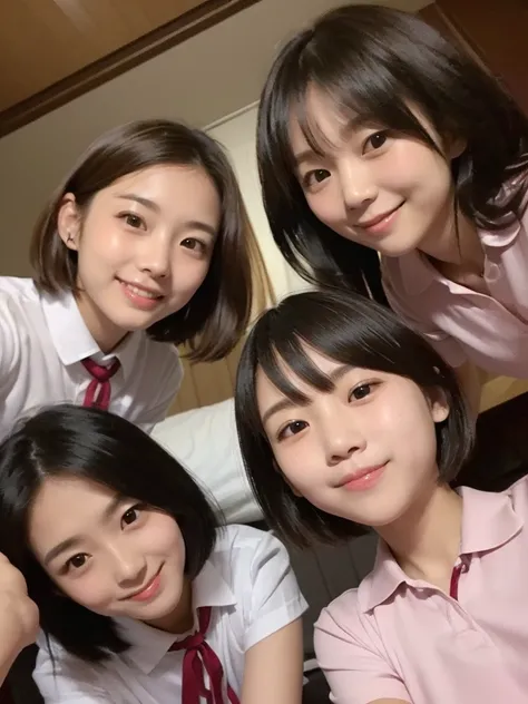 ( high definition)、( High Quality )、( short hair as left eye)、(tight, short-sleeved dress)、(Collared dress)、( two Japanese girls )、( bed)、( bring their faces close to the camera:1.4)、( bring your face close to here :1.4)、(The dick is inserted into the vagi...