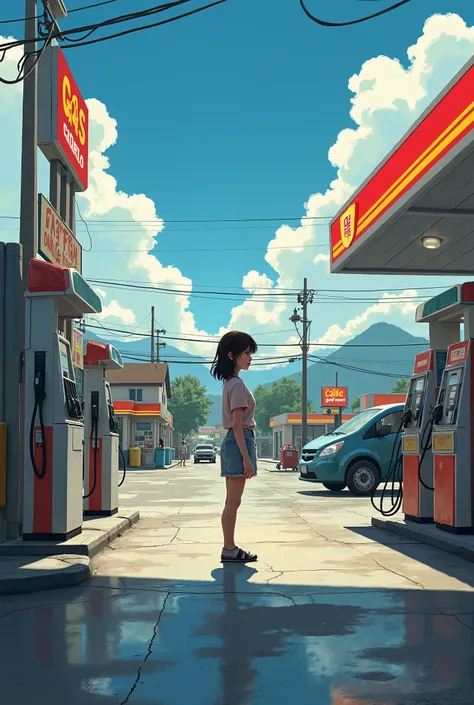 A girl standing in a gas station 