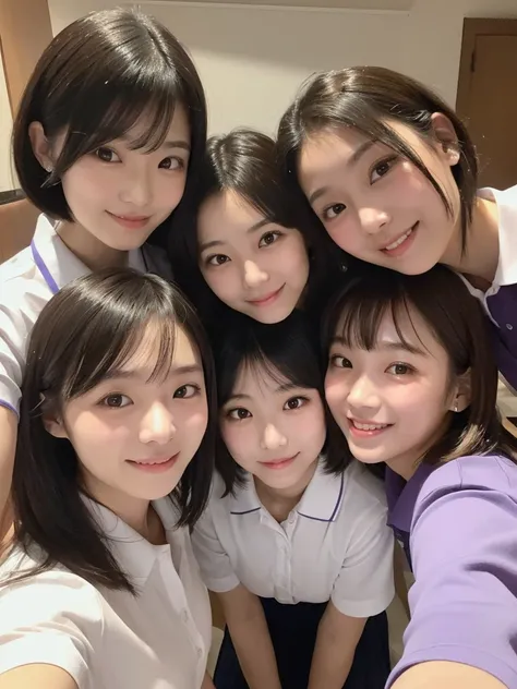 ( high definition)、( High Quality )、( short hair as left eye)、(tight, short-sleeved dress)、(Collared dress)、( two Japanese girls )、( bed)、( bring their faces close to the camera:1.4)、( bring your face close to here :1.4)、(Big Breasts)、(smile)、( angle from ...