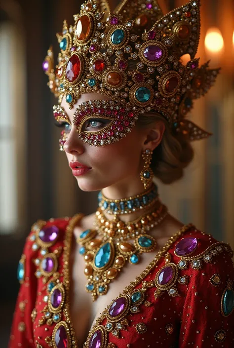 A party is being held in a magnificent castle. All the walls and windows of the castle are covered with magnificent jewels. The guests who come to the party wear magnificent jeweled costumes and masks. Perfect reality, perfect detail.