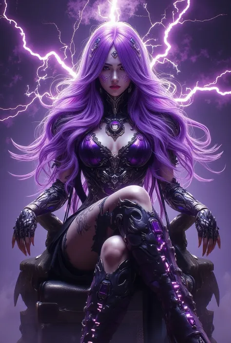 a woman with long purple hair sitting in a chair with lightning behind her and a purple background behind her, Du Qiong, lyco art, purple, computer graphics