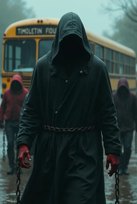 Man with hood and bloody hands is pulling many people in line with chains on their necks. Behind is a rusty bus on a rainy day