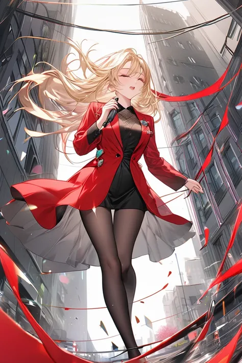  best quality, Super Fine, 16k, 2.5D,  Delicate and Dynamic Depiction ,Pretty Brooches , The unmade everyday life of an adult female rock singer who is fashionable, slender, and full of sex appeal,Light Blonde Long Hair Fluttering in the Spring Breeze- ,  ...