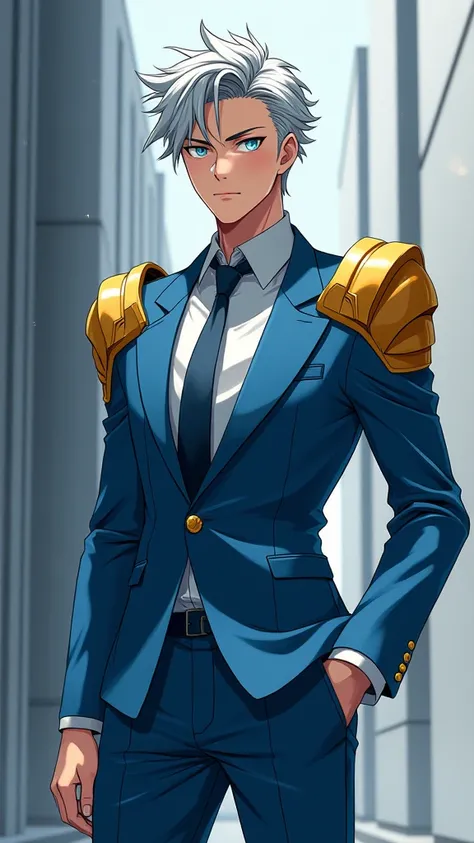 make me an good looking anime guy with gray hair wearing tight sky blue suit with golden armour in an japanese anime style.