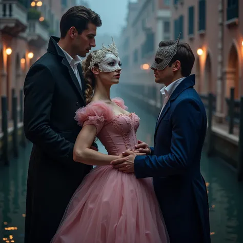 A man is standing and holding her from behind his arms wrapped around her waist, at the Carnevale di Venezia, viewed from the side of the woman, wearing traditional Venetian very light pink costumes, sheer, transparent details, deep plunging neckline, cors...