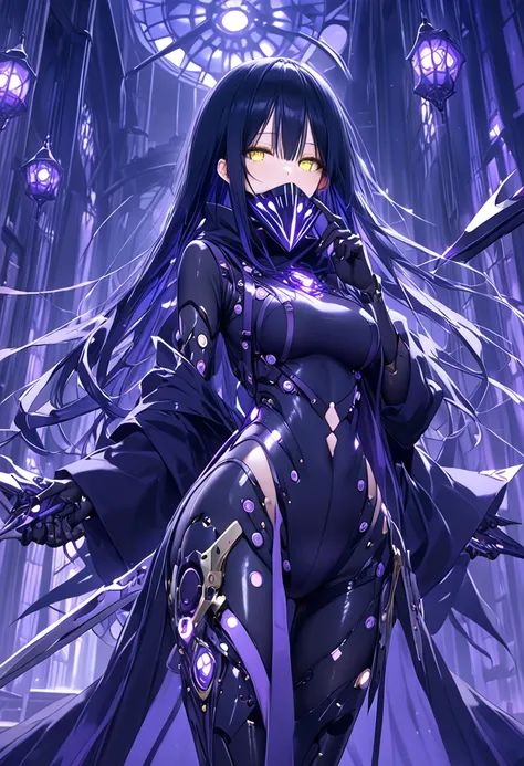  Cyber Assassin。 long black hair。Machine Girl。 Machine Body 。BlackPurple suit 。 mechanization。Purple Luminescence 。Wishlist。アイ mask 。Massive Knives 。assassin。YellowEyes。 mask 。graduate School。Cold。 wearing a black cloak。phantom。Hide your face。curse