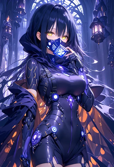  Cyber Assassin。 long black hair。Machine Girl。 Machine Body 。BlackPurple suit 。 mechanization。Purple Luminescence 。Wishlist。アイ mask 。Massive Knives 。assassin。YellowEyes。 mask 。graduate School。Cold。 wearing a black cloak。phantom。Hide your face。curse