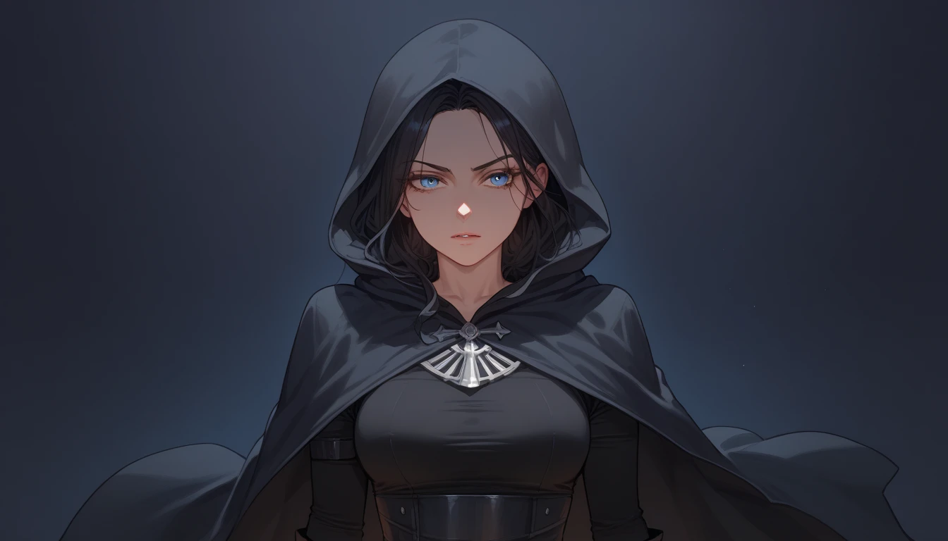 solo, beautiful young 1girl, black hair, blue eyes, bowed head, face in shadow, short tight black tank top, pants, cloak with hood, dark, darkness, gloom, night, dark background.