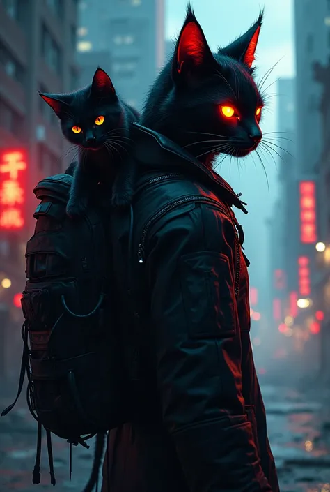 anime character with glowing eyes and a cat on his back, concept art by Android Jones, Artstation contest winner, furry art, the dark god of cats, cat from the void, glowing guy creature, metal and glowing eyes, with glowing eyes, god of cats, cyberpunk ca...