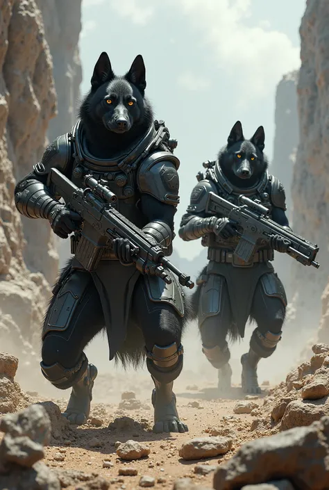 Two black humanized dogs with armor suit and gun in battle field on Rocks 