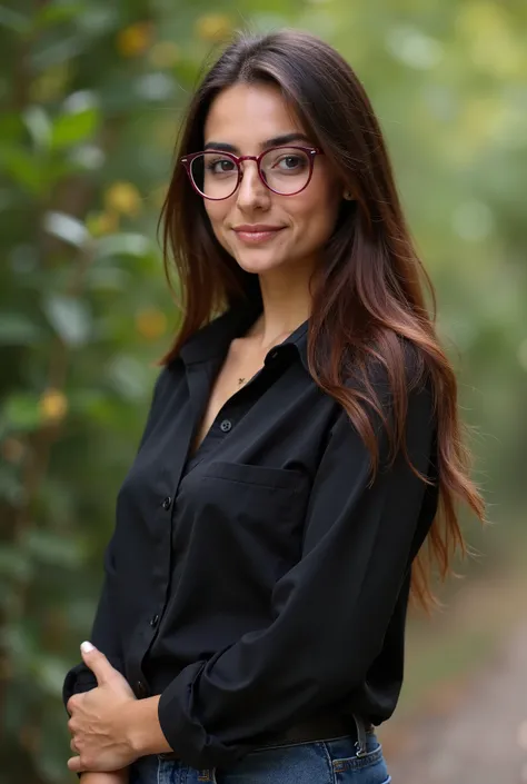 A Tunisian woman with brown hair and black eyes and her face is oval, wears glasses, pink frame and wears a black shirt and jeans pants, her skin is light brown and her skin is light brown in the background nature  