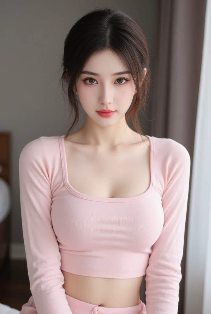 A stunningly elegant Korean woman, her delicate features accentuated by soft pink attire, her flat midriff on display. The image is a high-resolution photograph, capturing the girl's striking beauty in vivid detail. Her flawless skin glows with a natural r...