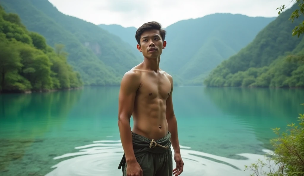 A handsome village youth in simple clothes, standing on the edge of a beautiful and cool lake, Indonesia, real, HD