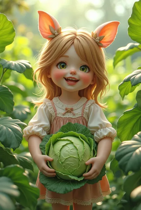  photorealistic 、  Doll 、  proudly showing off her cabbage harvest、Laugh happily