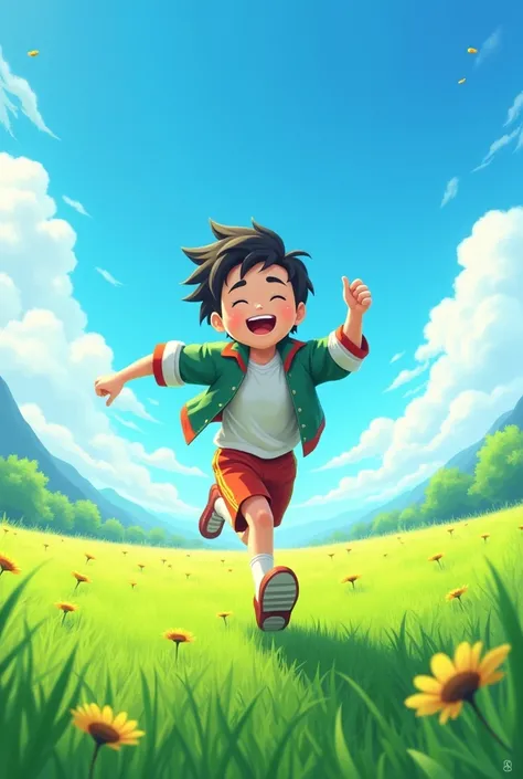 national ren's day poster ren running happily on the grass, the sky clear