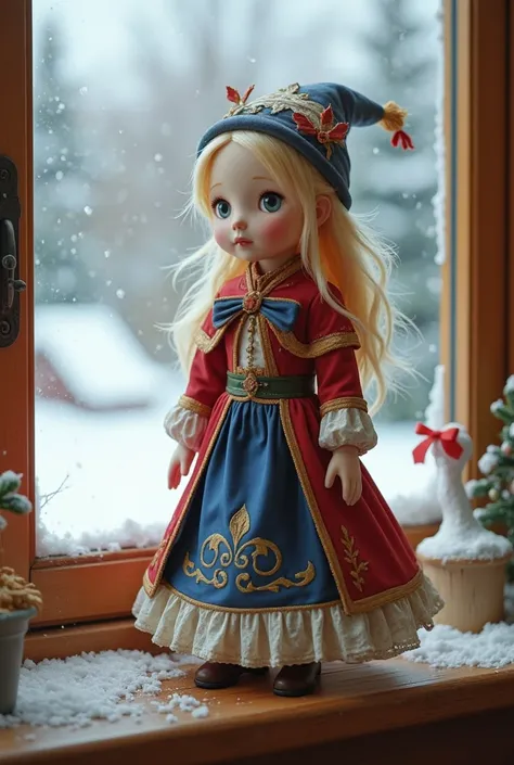  is a photorealistic image of a 10-inch  doll, and the details of the 、 doll's fantasy outfit and sculpture are sharply defined。It's placed on the window side and the outside of the window is a snowy landscape。