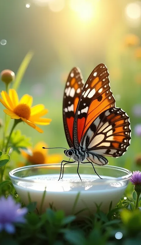 A highly detailed, ultra-realistic 4K image of a butterfly delicately drinking milk from a shallow glass dish. The butterfly features intricate patterns on its wings with vibrant colors and fine textures. The setting is a serene outdoor environment with so...