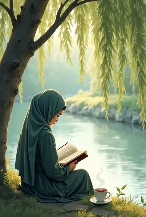 generate illustration of back view of  muslim girl with book and tea near the  willow trees near river.. serene vibe
