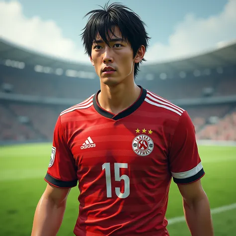 make me a picture of a Japanese football player wearing a Mainz 05 team shirt