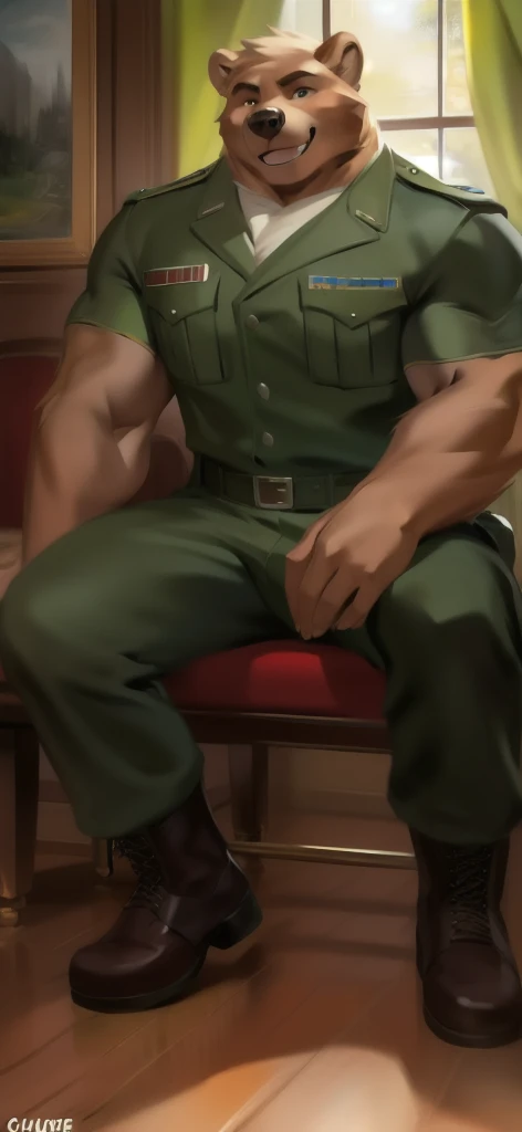  alone,  man big tall , Sitting inside ., in wardrobe , bear  ,Green military Army uniform ,  wearing boots ,  heavy overload,  muscle,  smiley , by chunie 