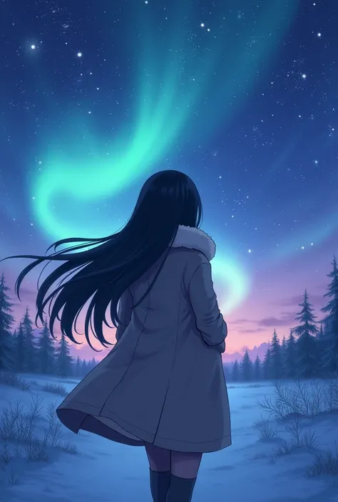 (masterpiece,  best quality), black hair, long, girl, trench coats, muffler ,star, Aurora,流れstar,Night Sky,winter,In nature, anime style,Colorful