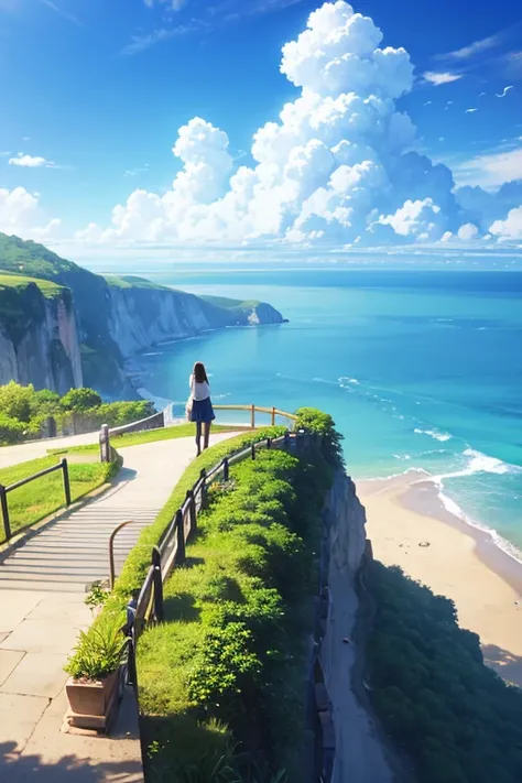  best quality、 Landscape、View from the hill、Spectacular views、Streetscape、blue sky、cloud、sea